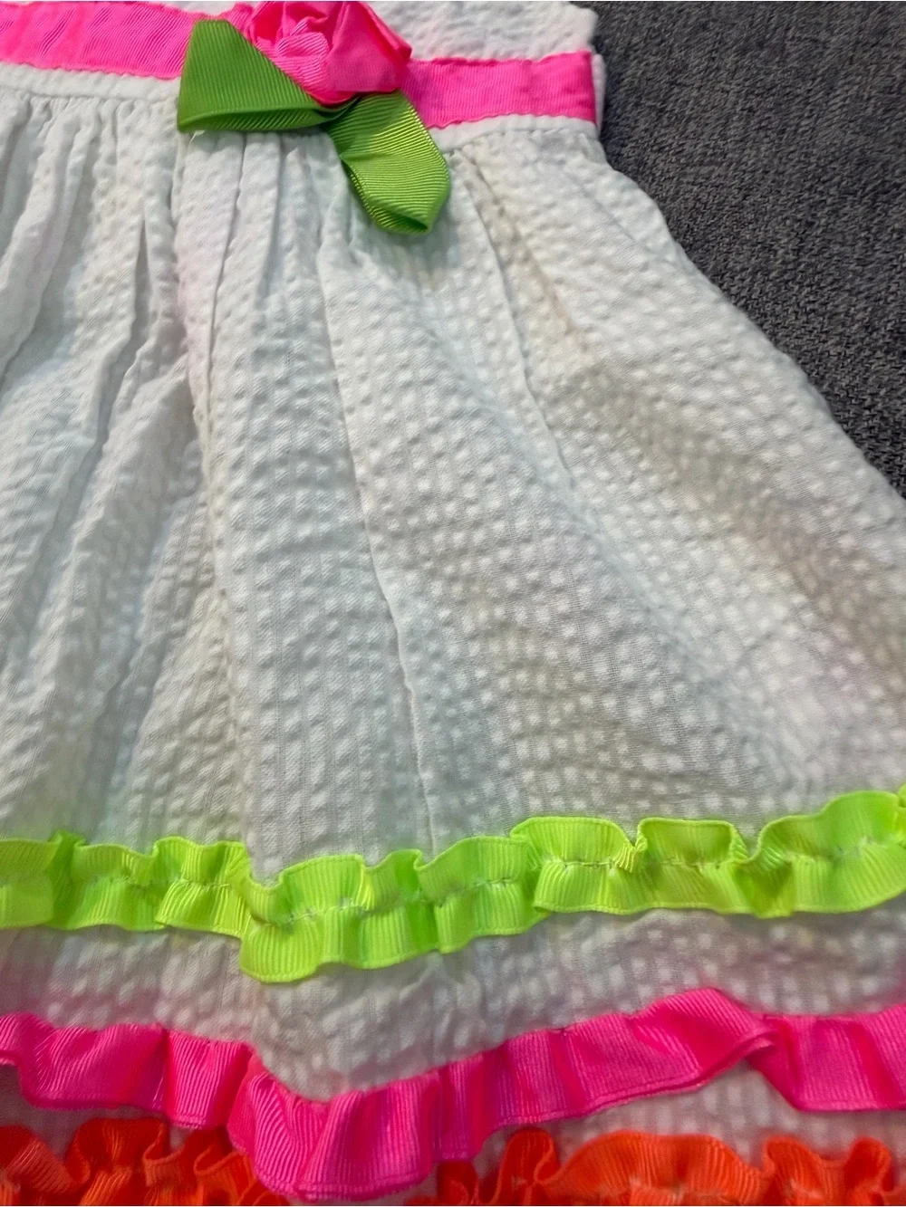 BlueBeri Boulevard White Seersucker Dress Orange Lime Pink Neon Trim size 12m
